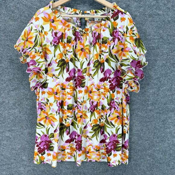 Cato Blouse Women 26/28W Plus White Floral Short Sleeve Round Neck Hook & Eye - Picture 1 of 7